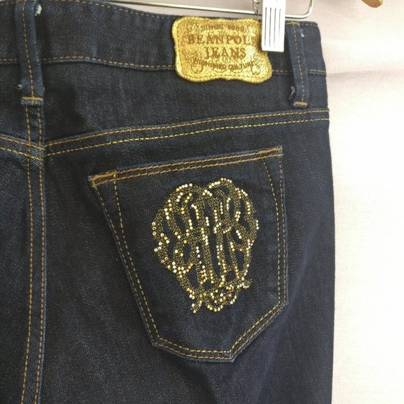 BEANPOLE MADE IN KOREA DIAMOND DECORATED BOOTCUT JEANS in BLUE WASH Medium Women - Picture 5 of 13